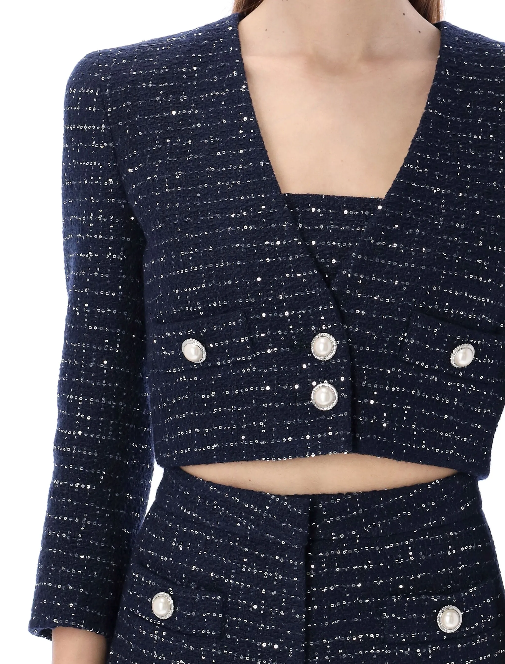 Alessandra Rich Sequin Embellished V-Neck Tweed Jacket