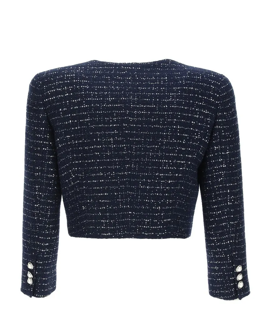 Alessandra Rich Sequin Embellished V-Neck Tweed Jacket