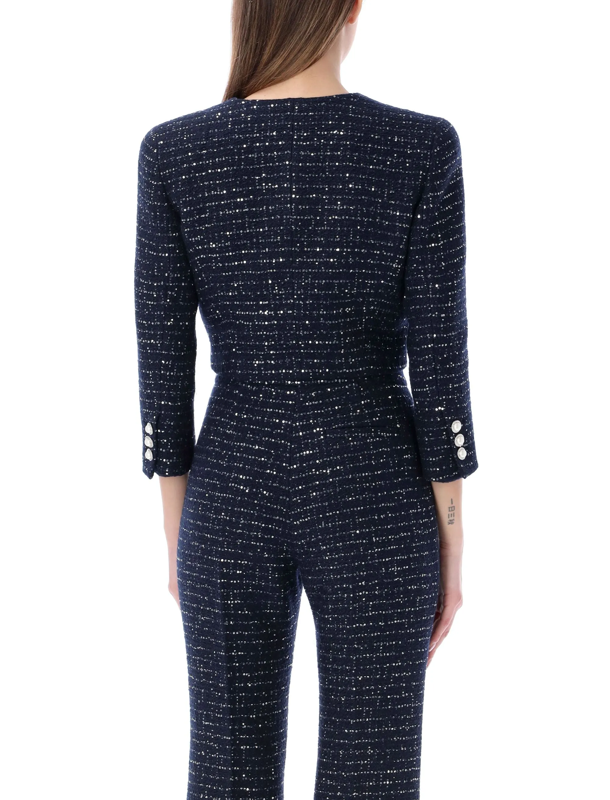 Alessandra Rich Sequin Embellished V-Neck Tweed Jacket