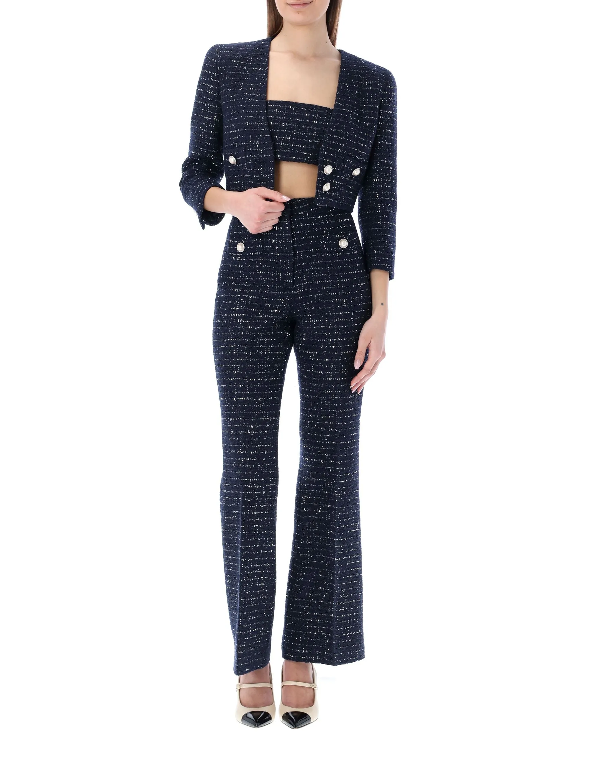Alessandra Rich Sequin Embellished V-Neck Tweed Jacket