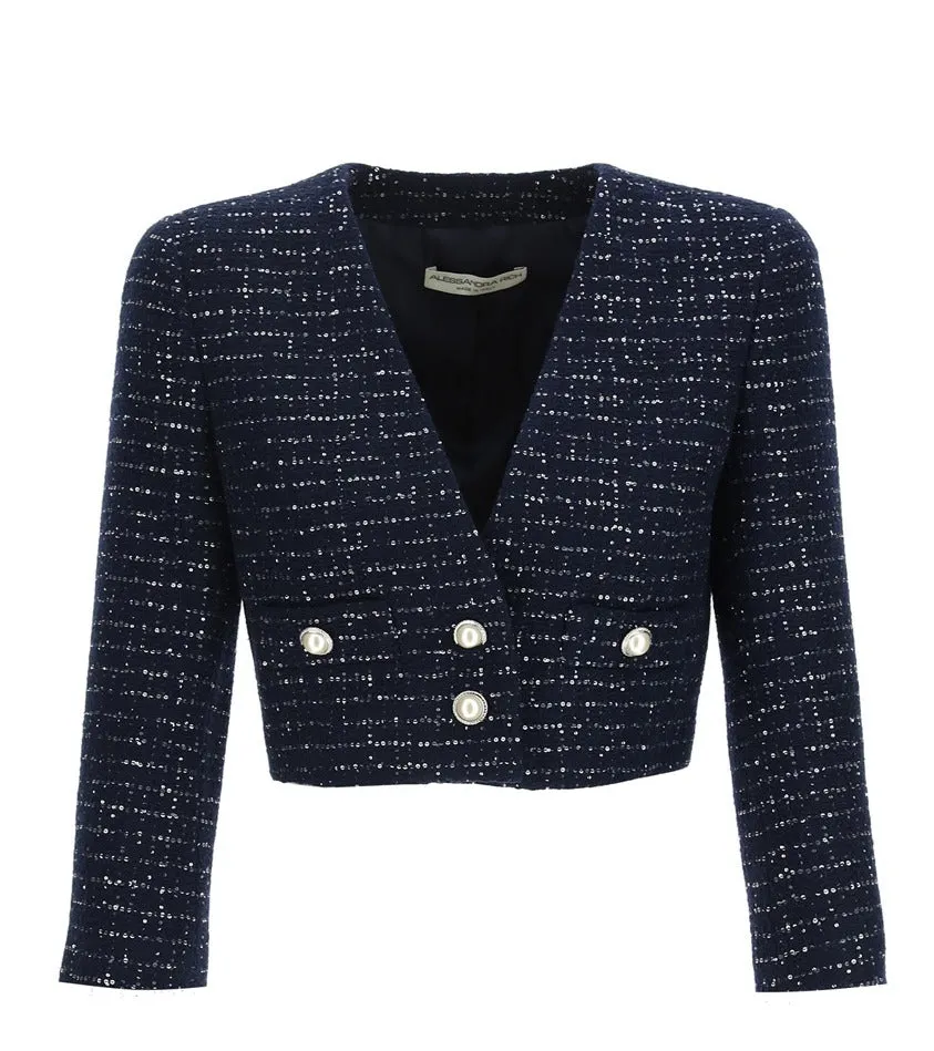 Alessandra Rich Sequin Embellished V-Neck Tweed Jacket