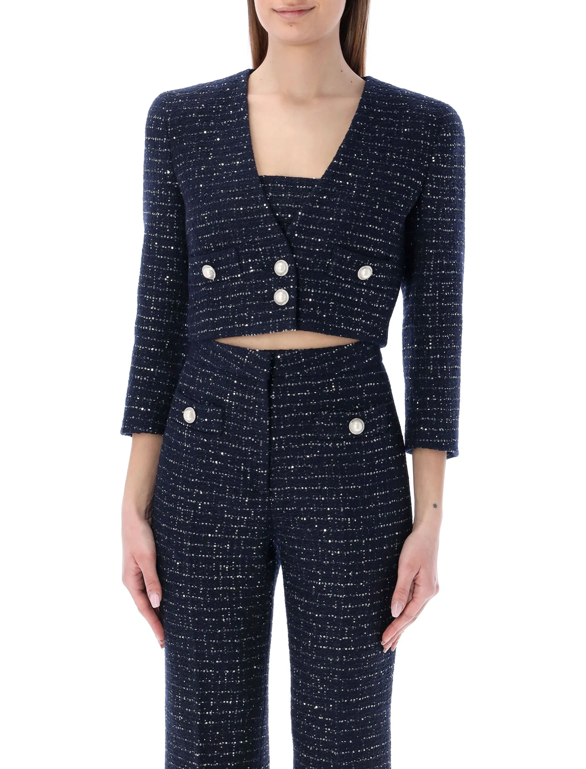 Alessandra Rich Sequin Embellished V-Neck Tweed Jacket