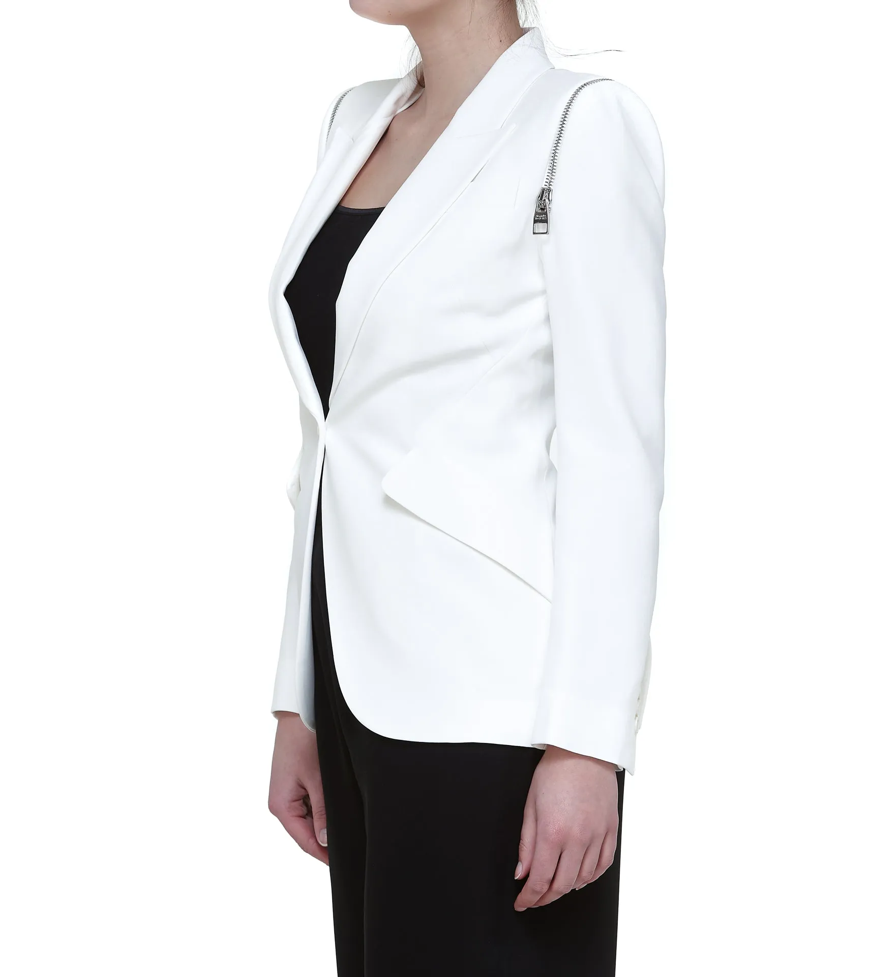 Alexander McQueen Zip Peak Shoulder Leaf Crepe Jacket