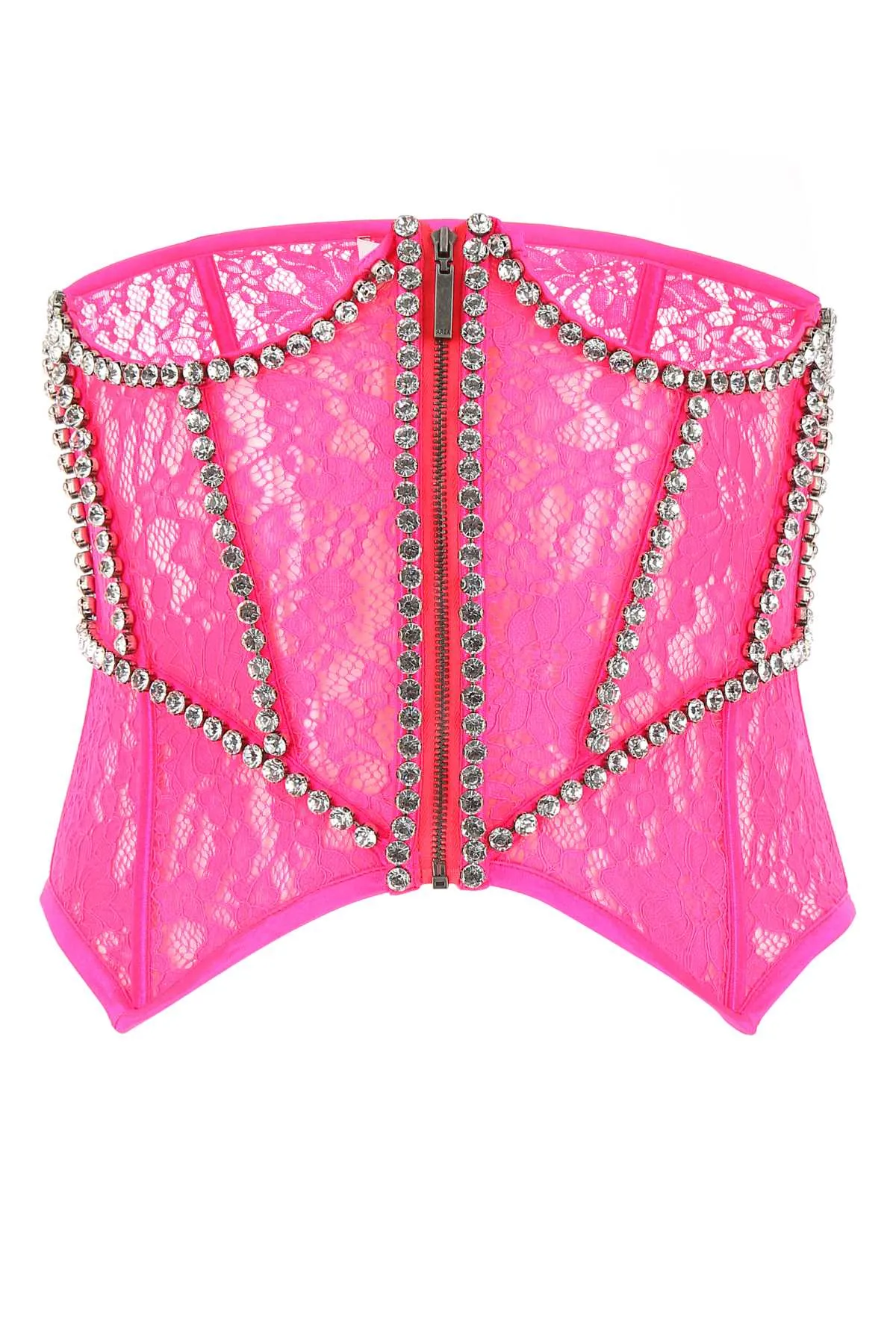 Area Lace Detailed Zip-Up Strapless Top