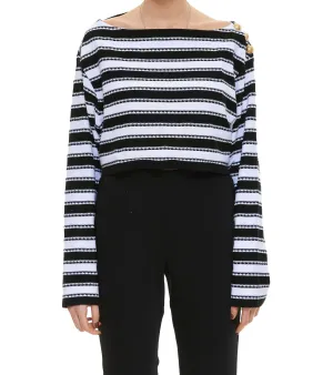 Balmain Button Embellished Off-Shoulder Striped Top