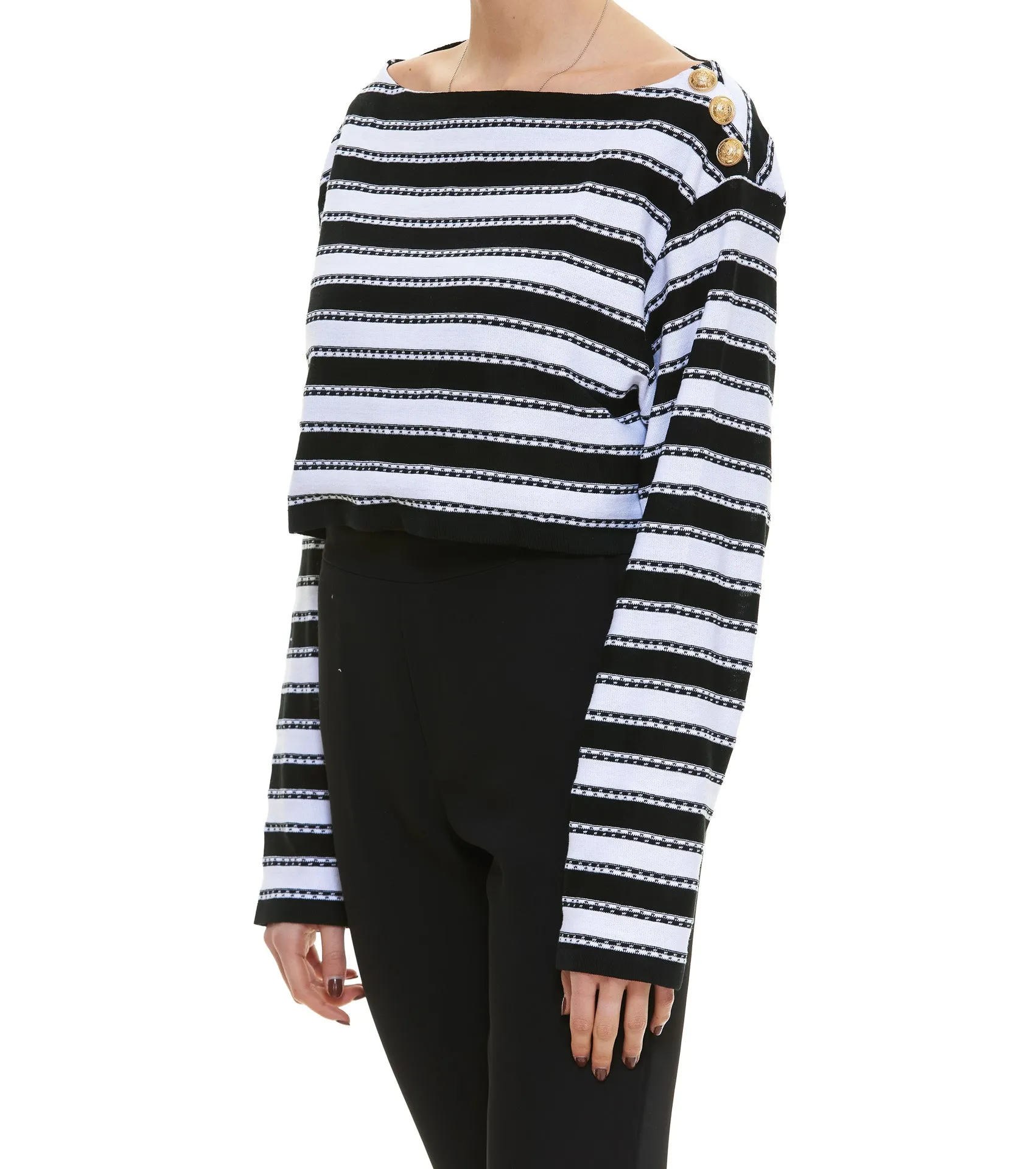 Balmain Button Embellished Off-Shoulder Striped Top