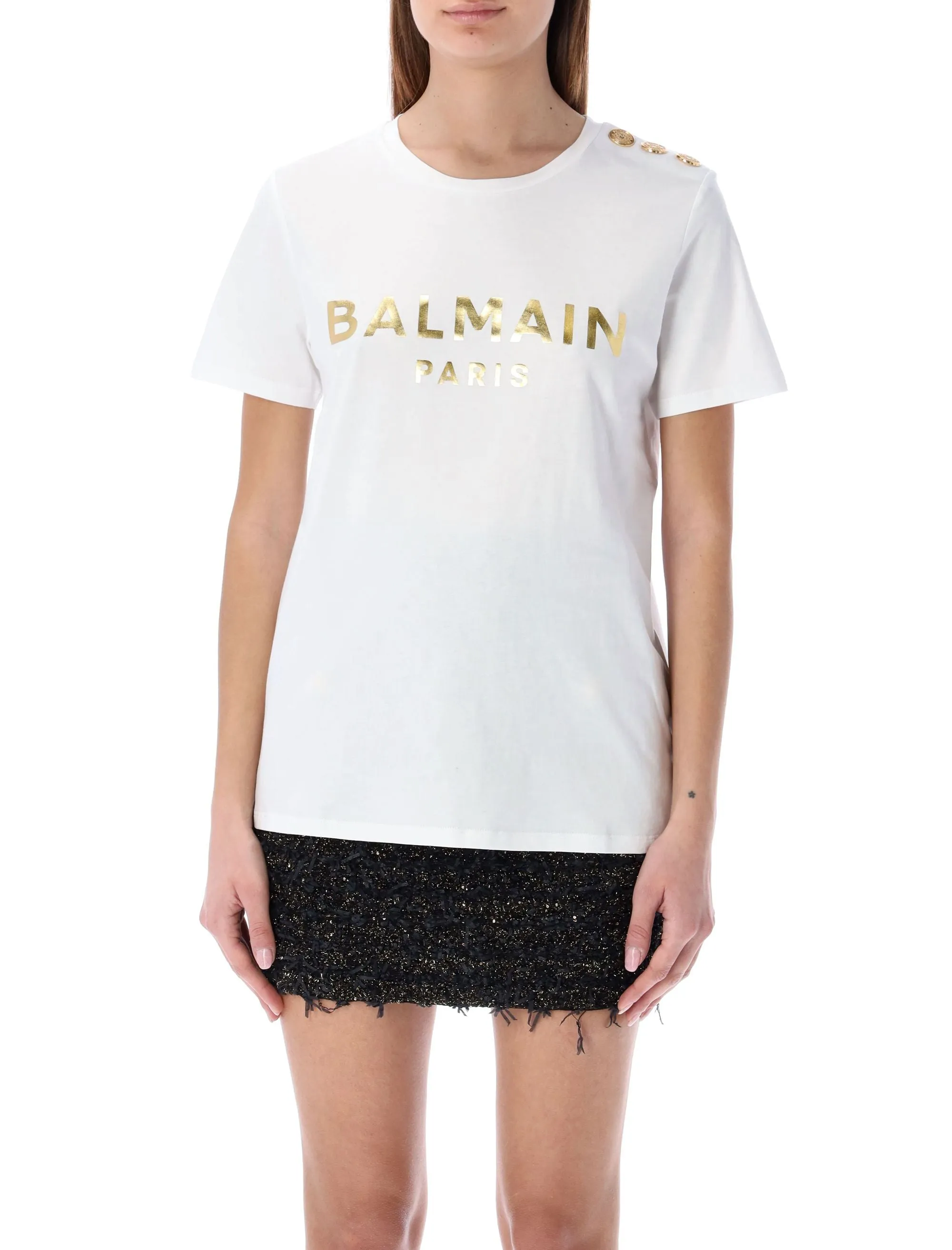 Balmain Buttoned Embellished Crewneck T-Shirt