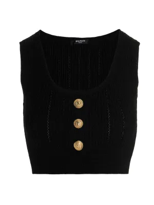 Balmain Buttoned Sleeveless Crewneck Cropped Top