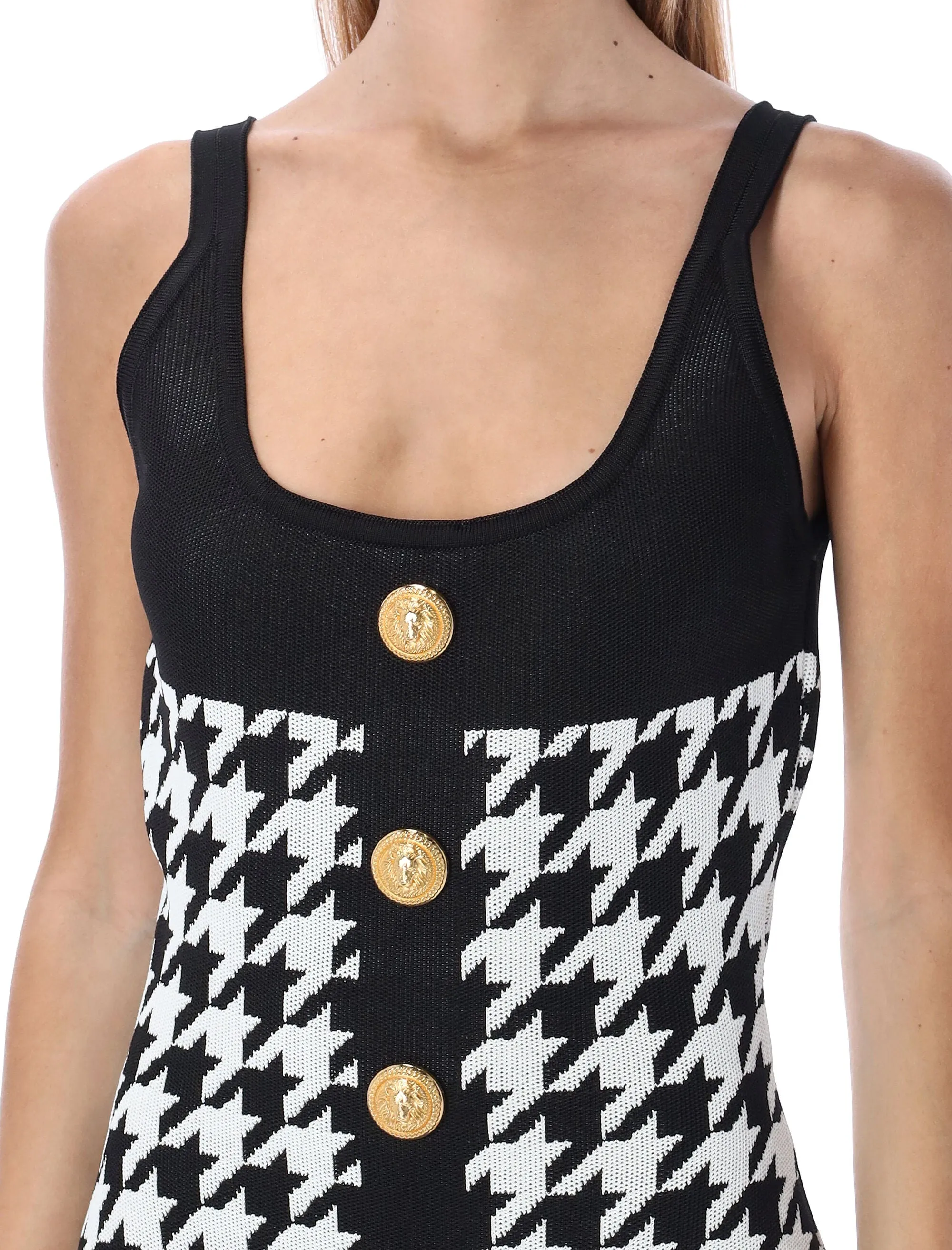 Balmain Houndstooth Printed Buttoned Mini Dress