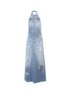 Dsquared2 Distressed Halterneck Denim Maxi Dress