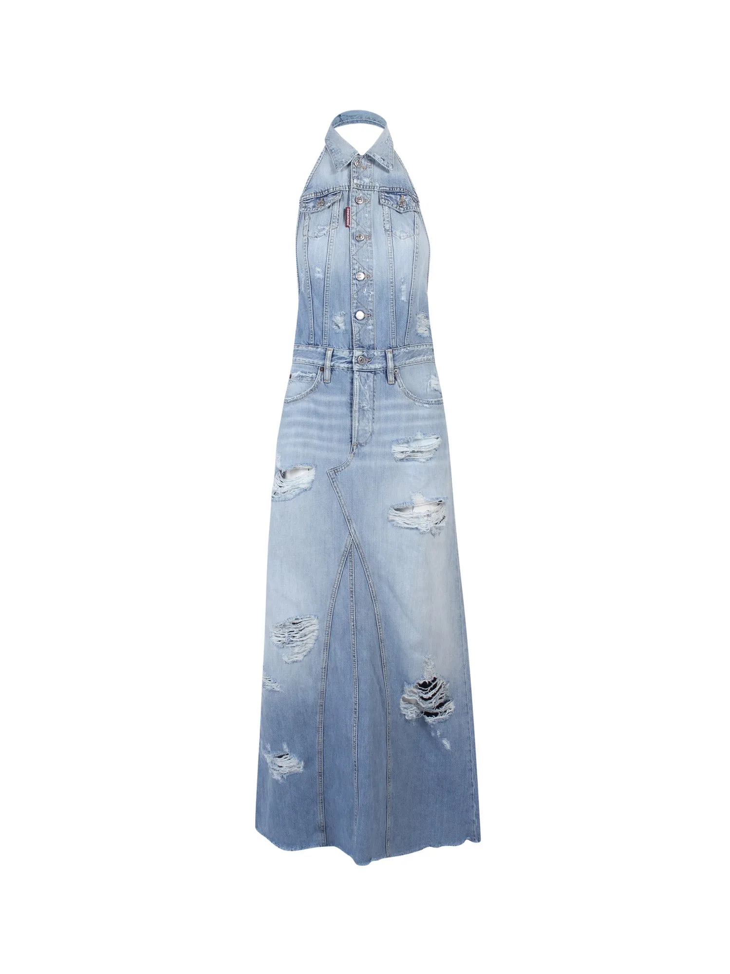 Dsquared2 Distressed Halterneck Denim Maxi Dress