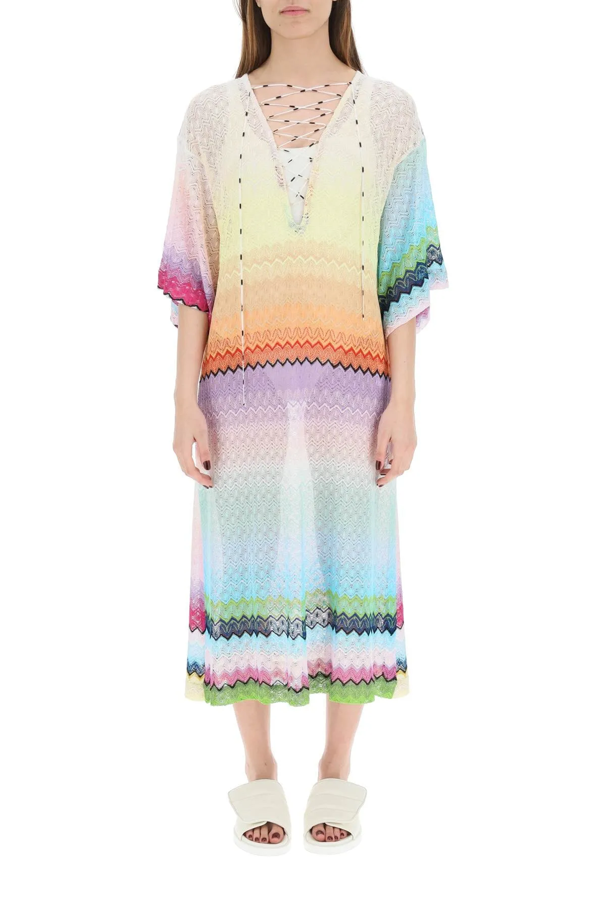 Missoni Zigzag Woven V-Neck Drawstring Dress