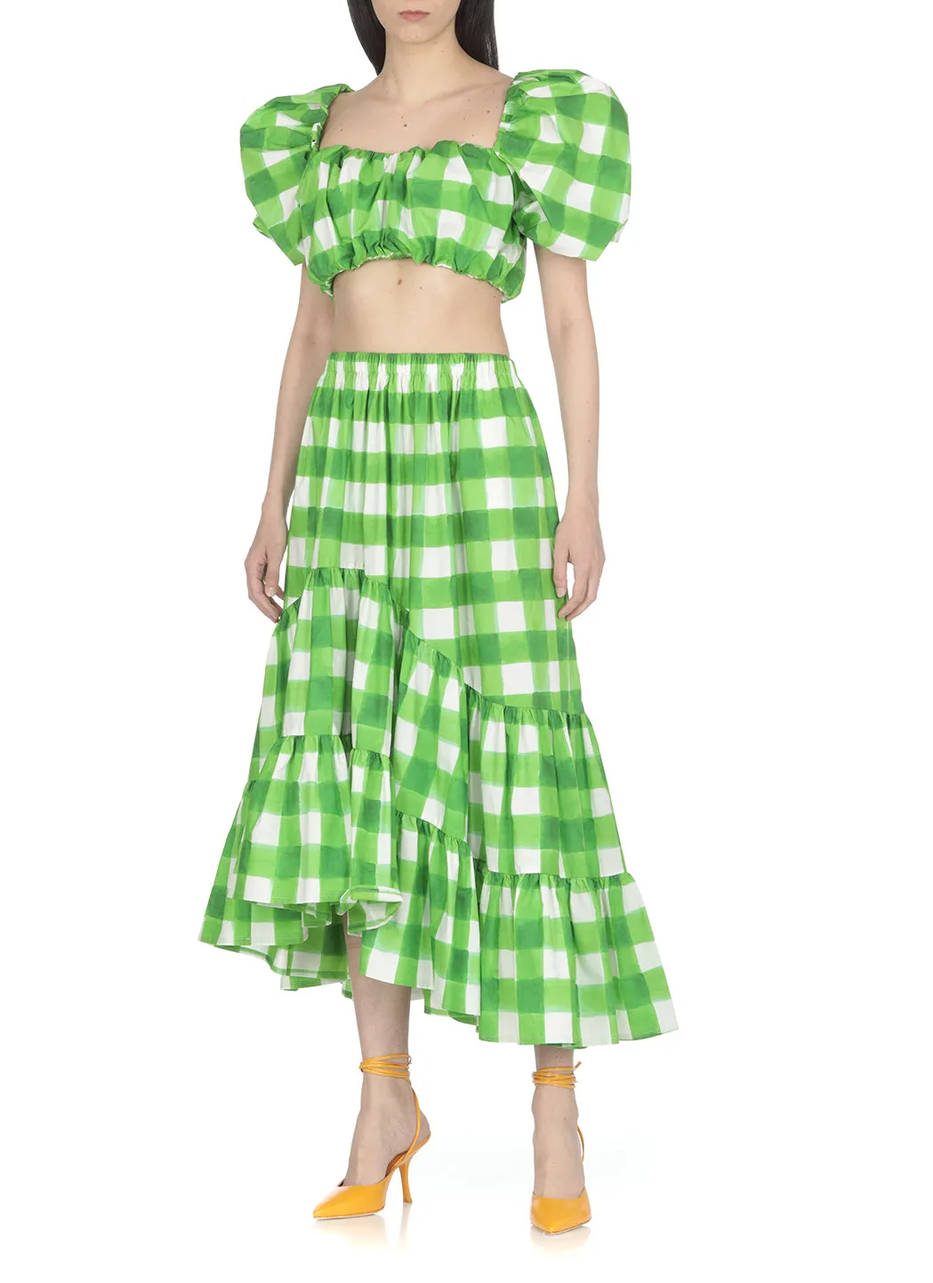 MSGM Gingham Check Puff-Sleeves Cropped Top