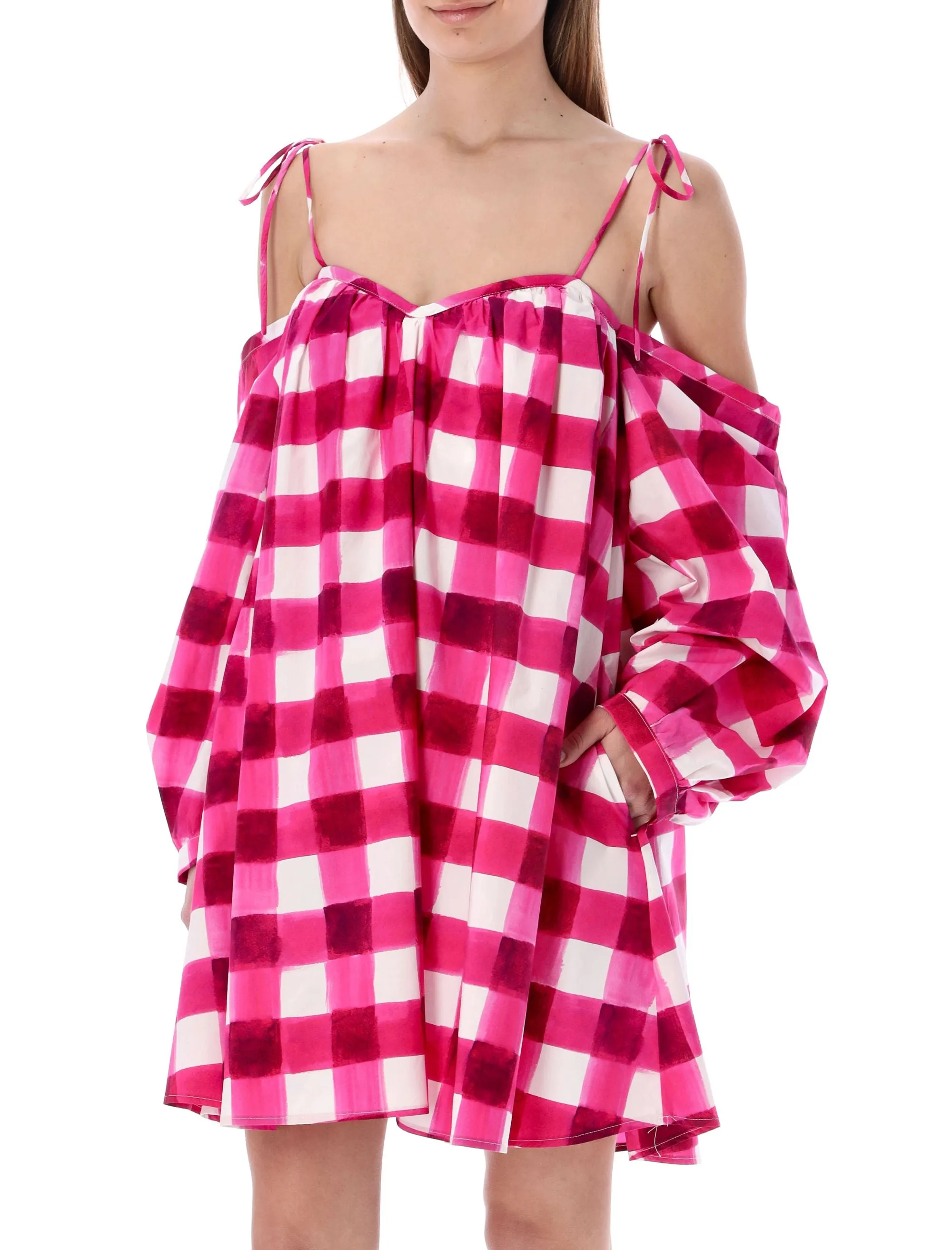 MSGM Gingham Printed Cold Shoulder Dress