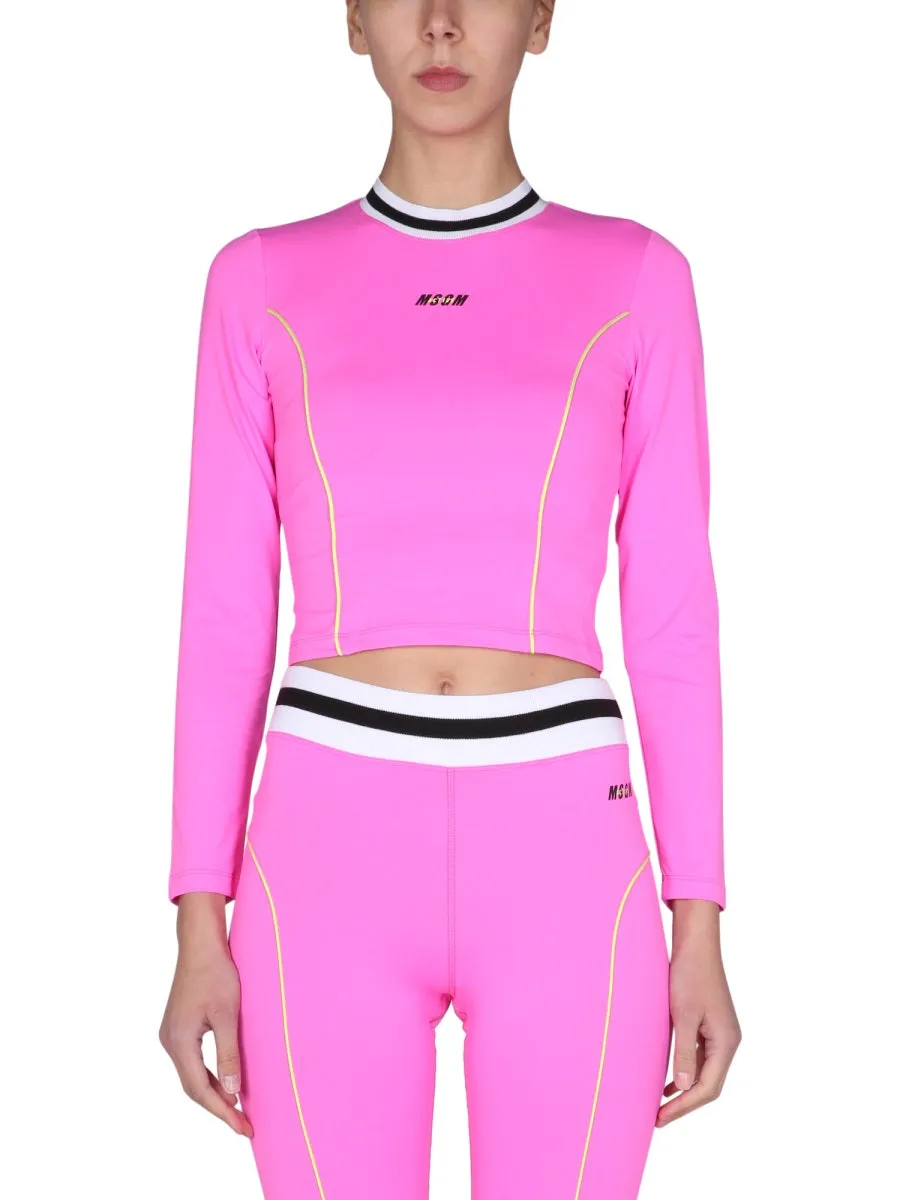 MSGM Logo Print Long Sleeved Cropped Top