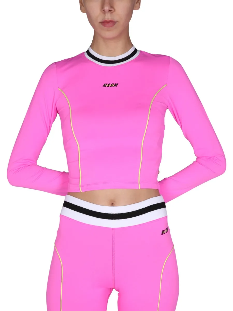 MSGM Logo Print Long Sleeved Cropped Top