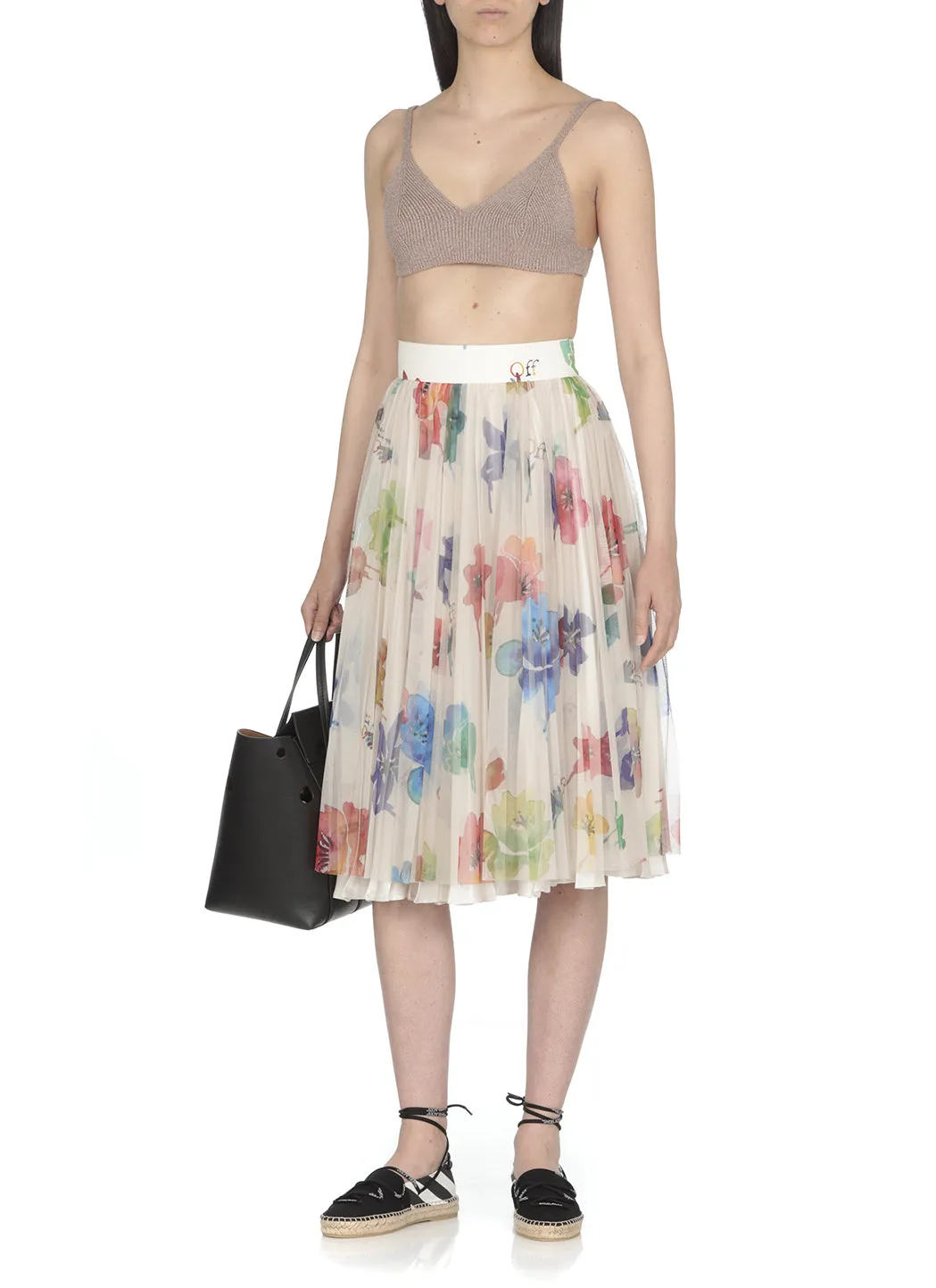 Off-White Floral Printed High Waist Midi Skirt