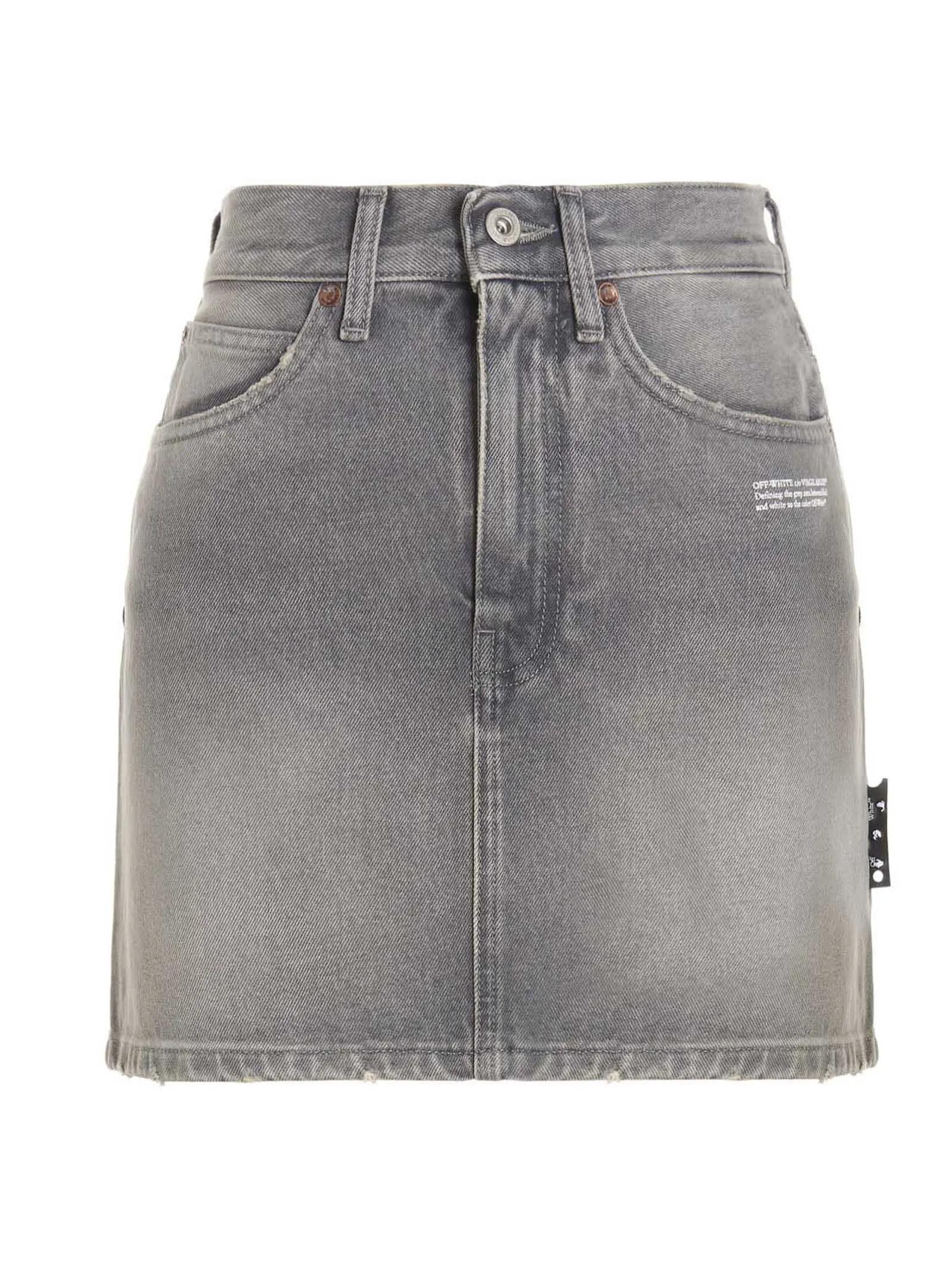 Off-White Logo Printed Distressed Denim Skirt