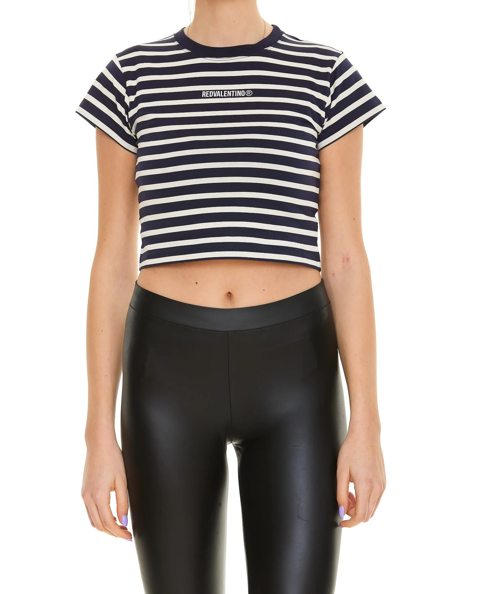 REDValentino Stripe Crewneck Cropped T-Shirt