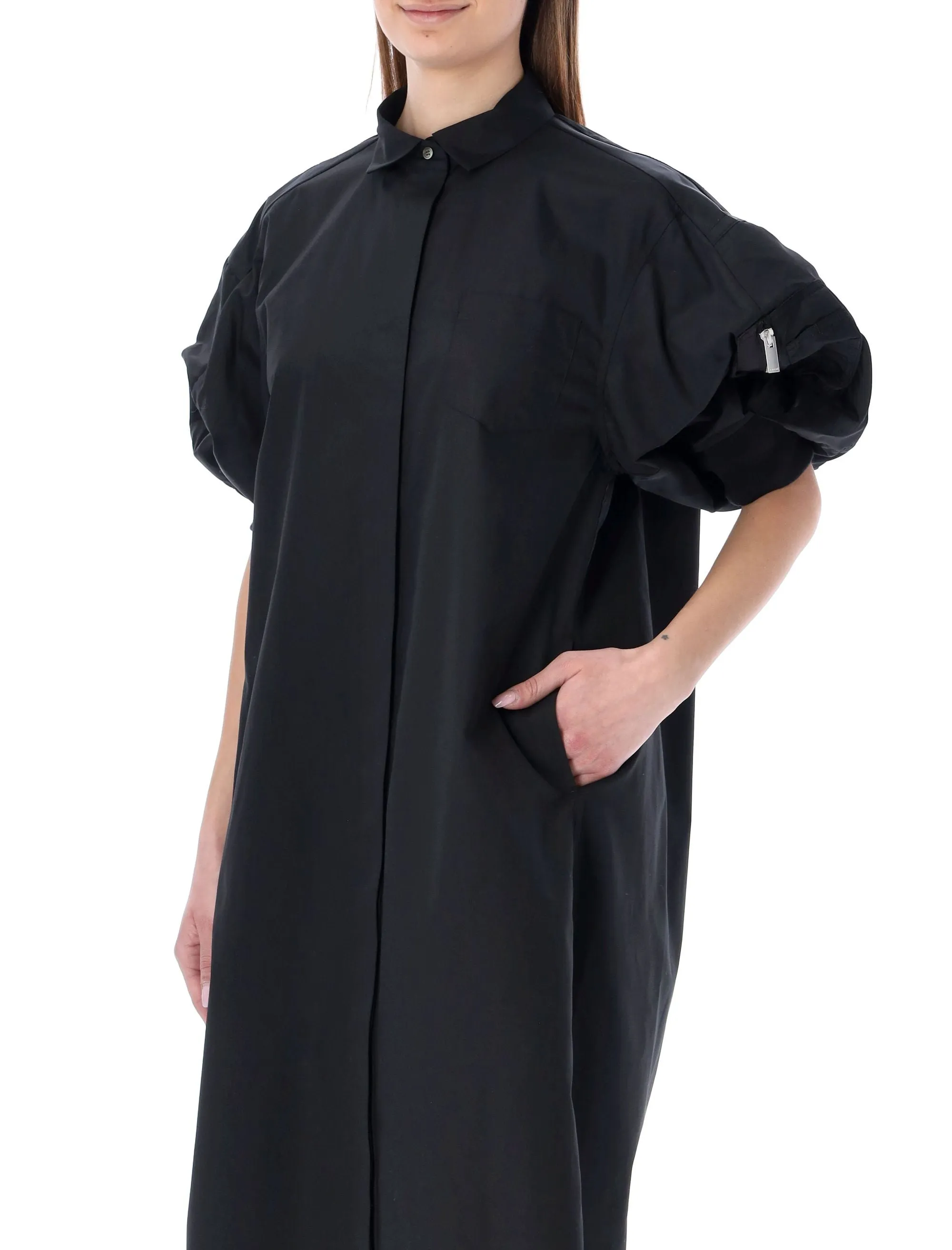 Sacai Balloon-Sleeved Midi Shirt Dress